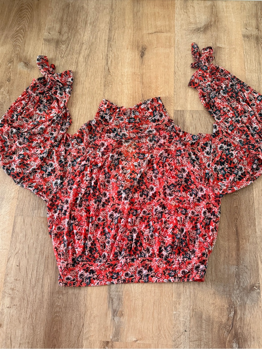 Free People Red Floral Blouse with Tie Sleeves